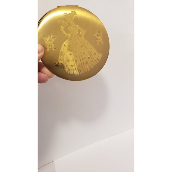 Vintage Gold Tone Compact: Crinoline Lady Design, Vanity Mirror - Picture 1 of 10